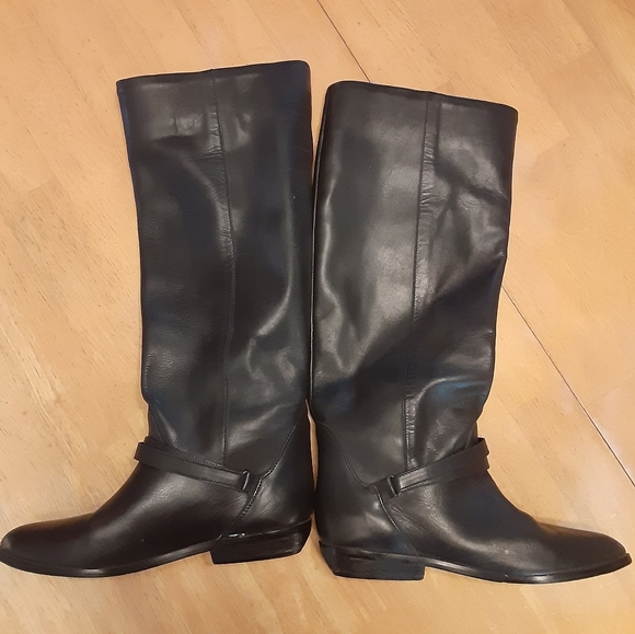 VINTAGE VIA MILANO BLACK KNEE HIGH 1" HEEL PULL ON LEATHER RIDING BOOTS WMS- 6B - Picture 5 of 15